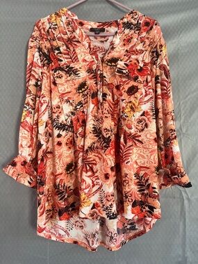 Cathy Daniels Peach Coral Floral Button-Front Tunic